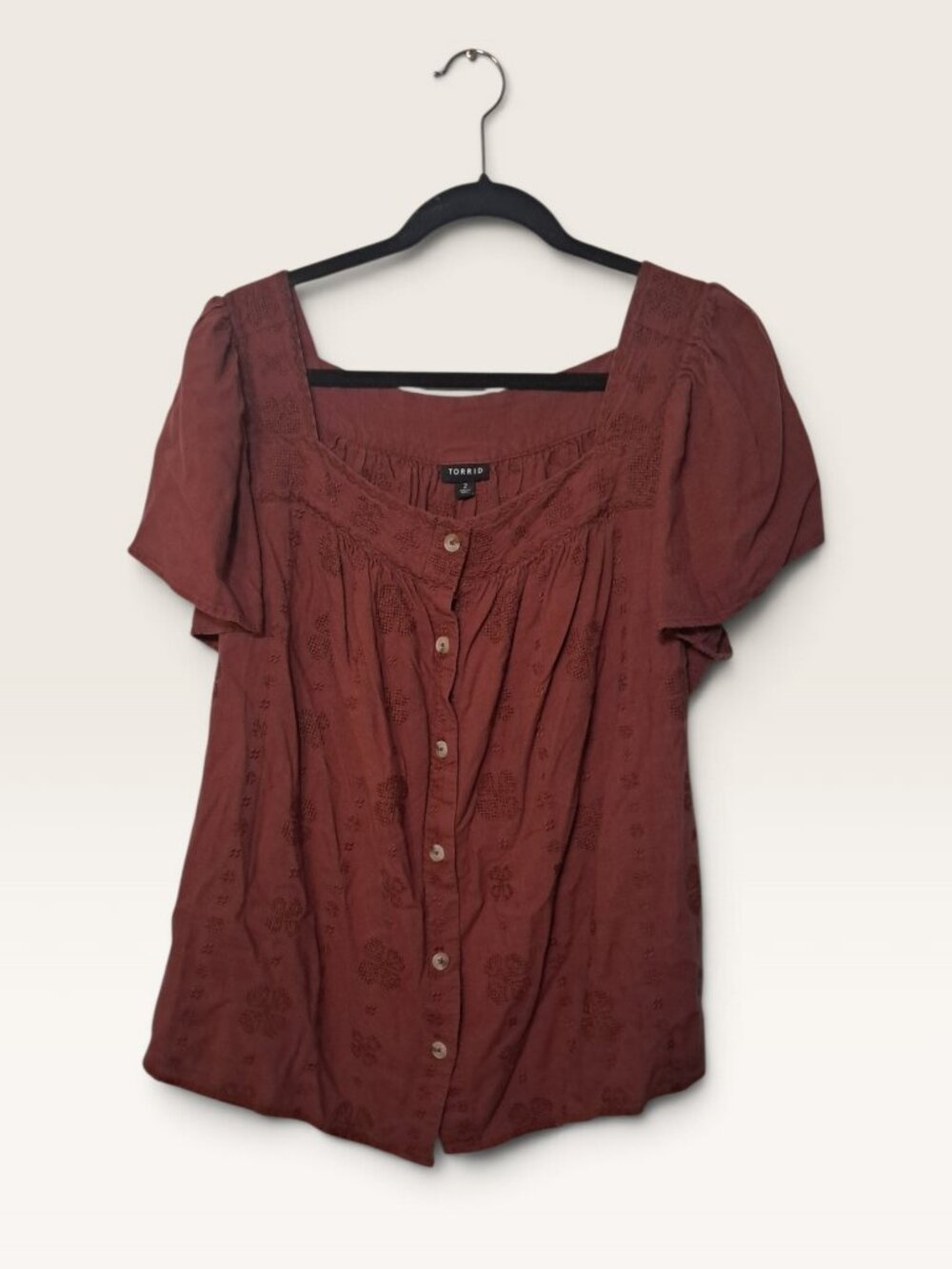 Torrid 2 2X Rust Terracotta Linen Blend Embroidered Button Front Blouse Top